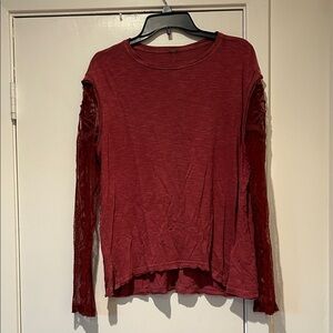 Free People Deep Red Lace Sleeve Top